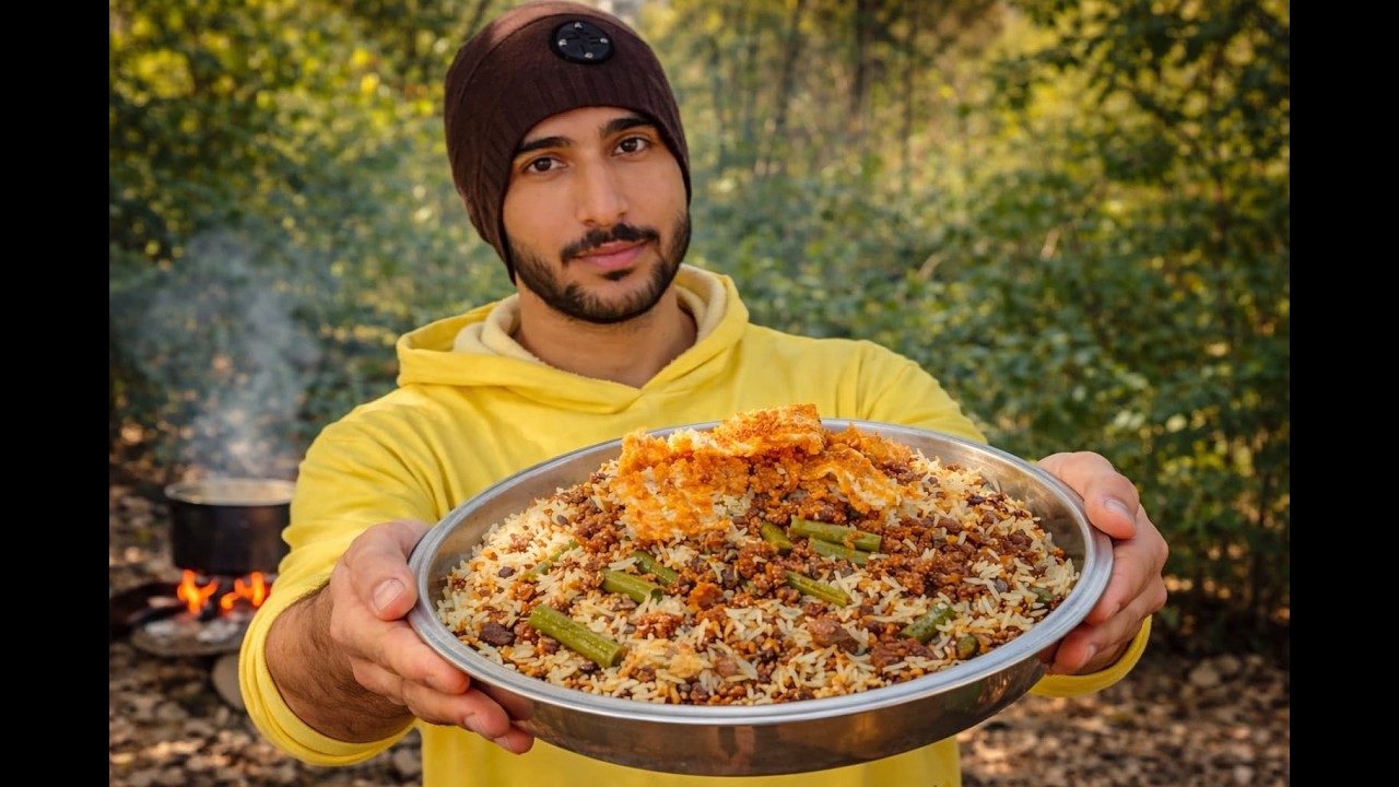 🔥 Cooking Authentic Persian Green Bean Rice in the Wild | Outdoor Campfire Feast