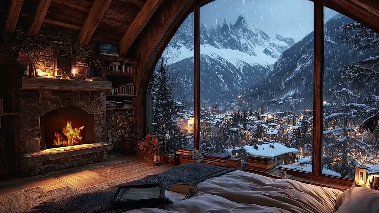 Peaceful Cabin Ambience with Fire Crackling and Snow Falling Outside for Study, Focus and Calm