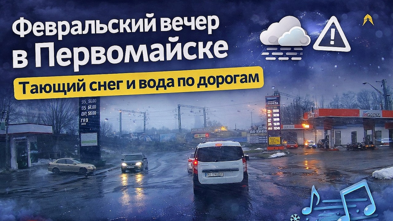 🌃 Февральский вечер в Первомайске | Тающий снег и вода по дорогам #первомайск