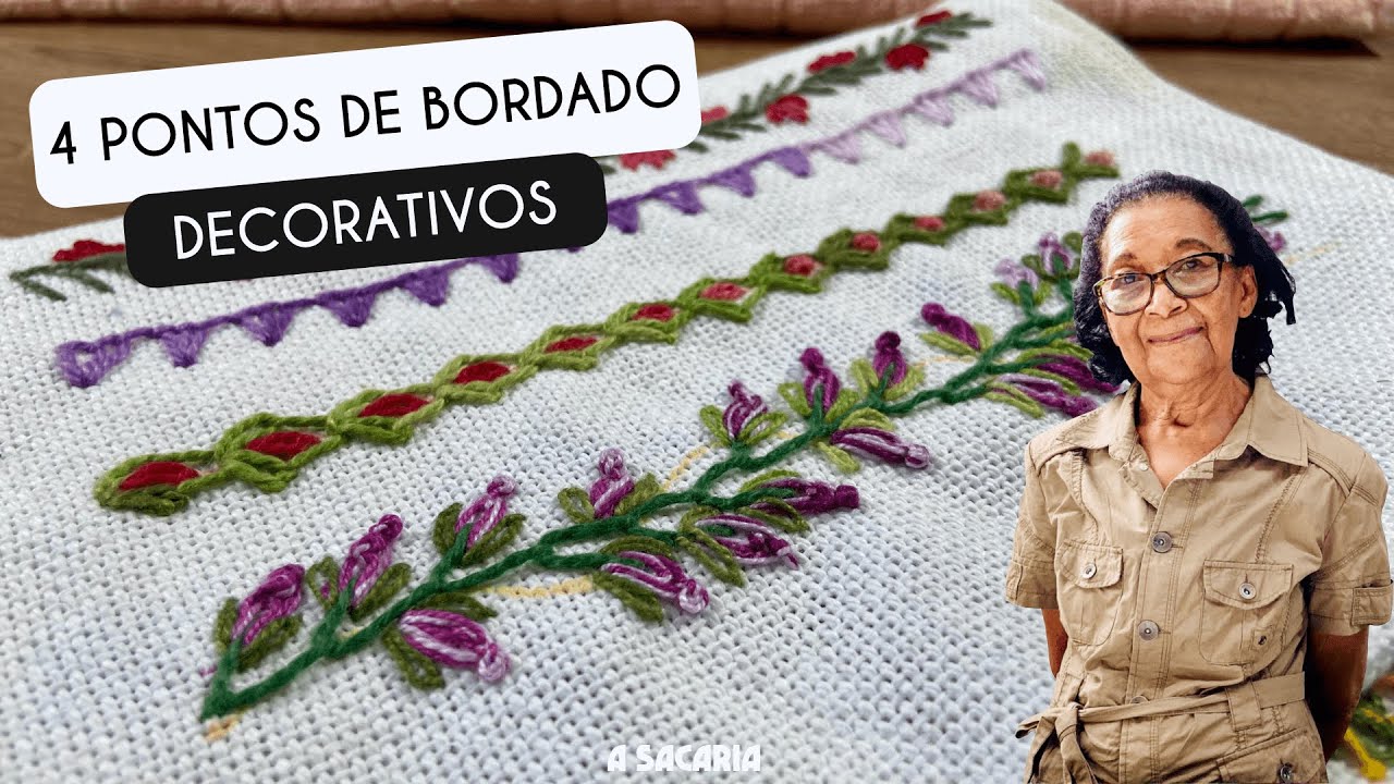 4 PONTOS DE BORDADO LIVRE DECORATIVOS COM GALHOS E FLORES - ENEDINA BARBOSA #bordadolivre