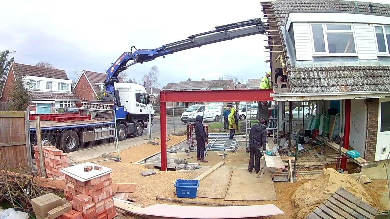 Time lapse of steel frame erection for house extension
