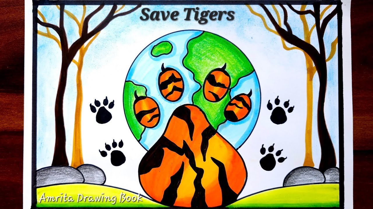 International Tiger Day Poster Drawing | Save Tiger Poster | World Tiger Day Drawing | Save Wildlife