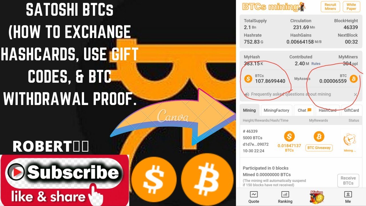 Satoshi Miner(How to use giftcard code & exchange hashcard codes, plus BTC withdrawal proof).