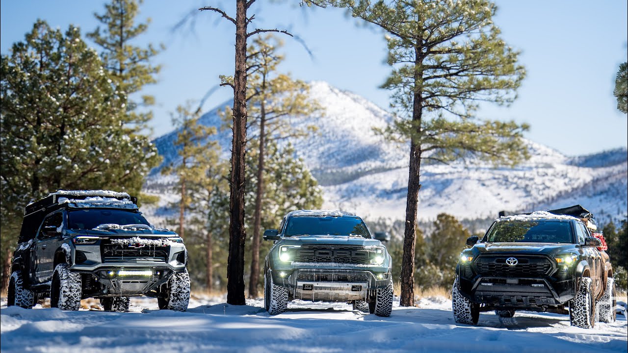 Экстремальный кемпинг в снежных условиях на автомобилях Chevy Colorado, Ranger Raptor и Tacoma 4-...