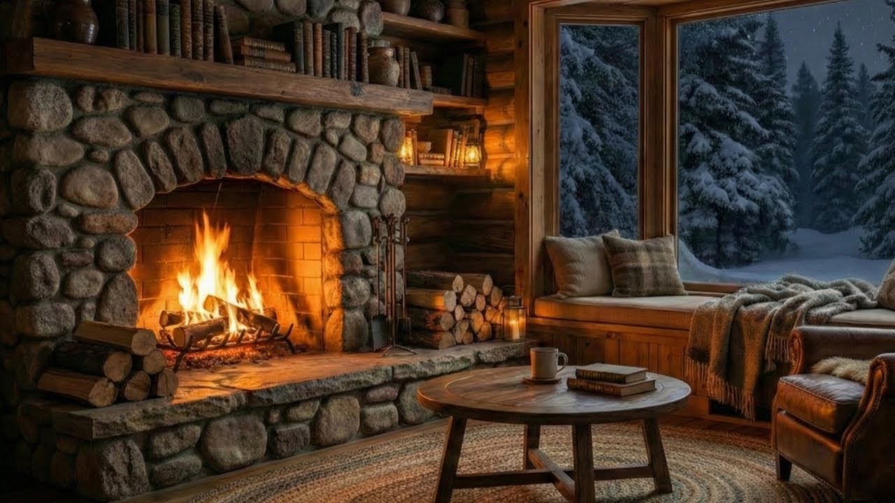 Fireplace with Snow Outside | Winter Cabin Fireplace (4K)