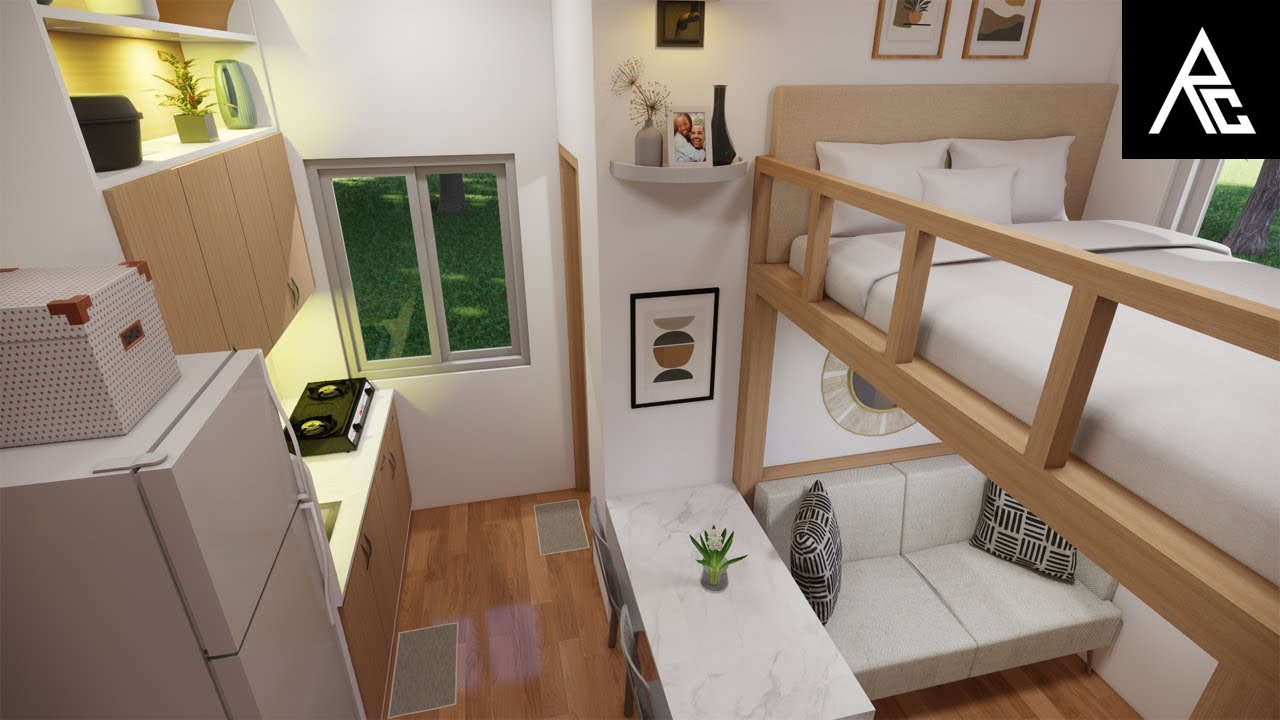 Cute Tiny House with Loft Bed Design Idea for Singles and Couples (4x4 Meters Only)