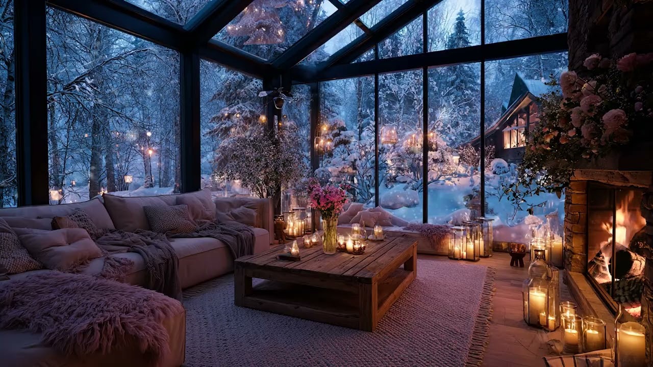 Beautiful Winter Atmosphere of Snow Wind Outside and Fireplace Crackling to Warm the Heart