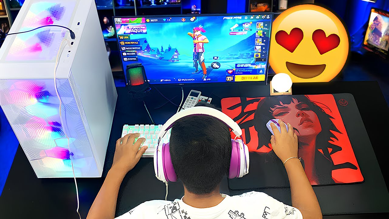 MEU IRM&Atilde;OZINHO JOGANDO FREE FIRE NO NOVO PC GAMER PELA PRIMEIRA VEZ! 😍