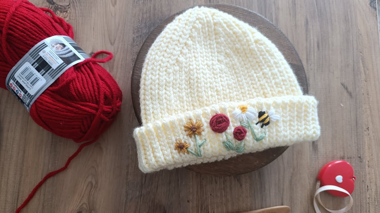 TIĞ İŞİ ÖRGÜ BERE YAPIMI / ÖRGÜ ÜZERİNE İŞLEMELİ BERE / CROCHET BEANIE MAKING