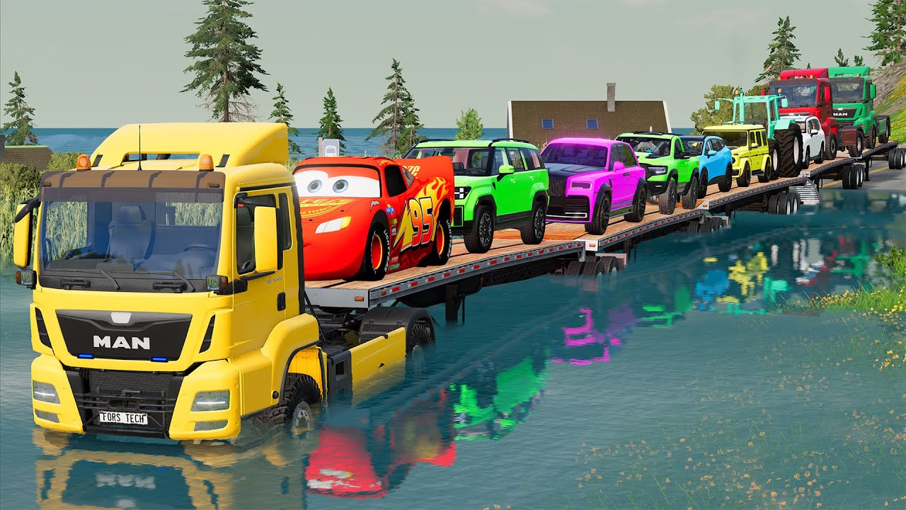 Triple Flatbed Trailer Rescue! McQueen vs Speedbumps vs TRAIN CRASH [4K] - BeamNG Drive #1