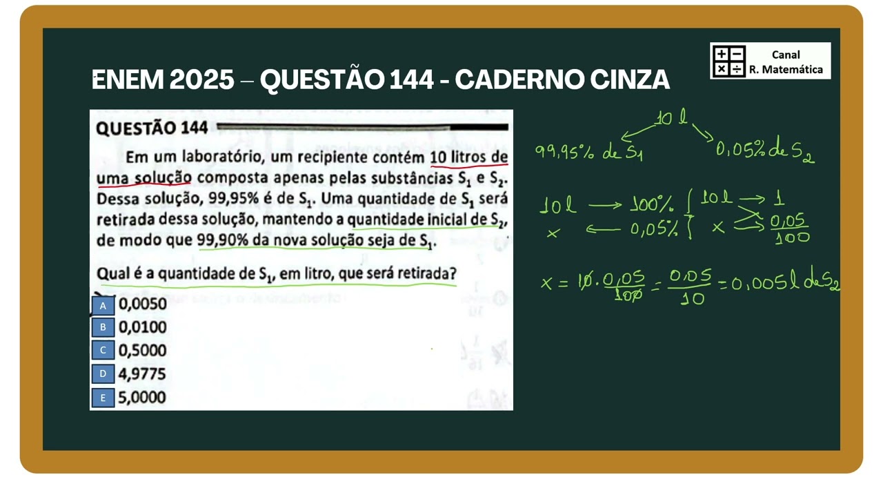 Questão 144 ENEM 2025: Porcentagem da Solução de Laboratório – Resolvida!