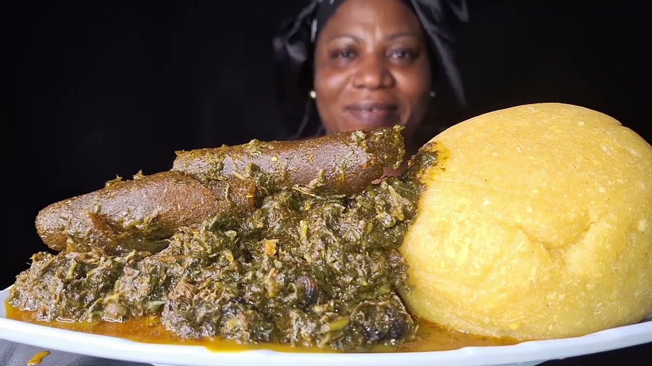 Nigeria food ASMR mukbang fufu with Afang soup mukbang 