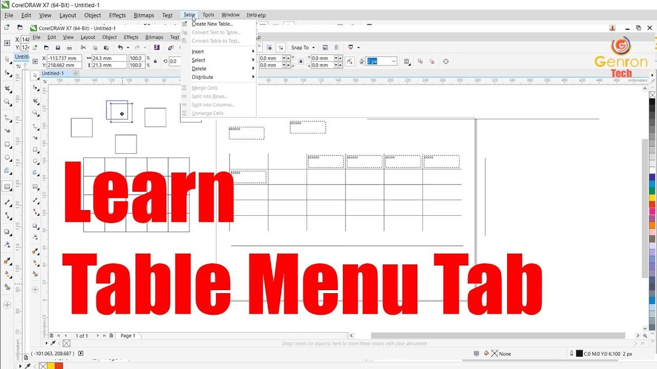 Corel Draw Menu Table Tabs |Create Table | Merge-Unmerge Cell | Insert Row-Column | Split Row-Column