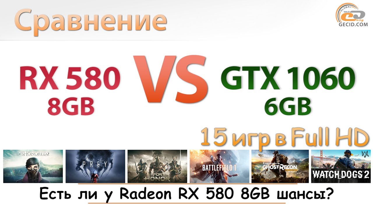 Сравнение Radeon RX 580 8GB vs GeForce GTX 1060 6GB в 15 играх при Full HD