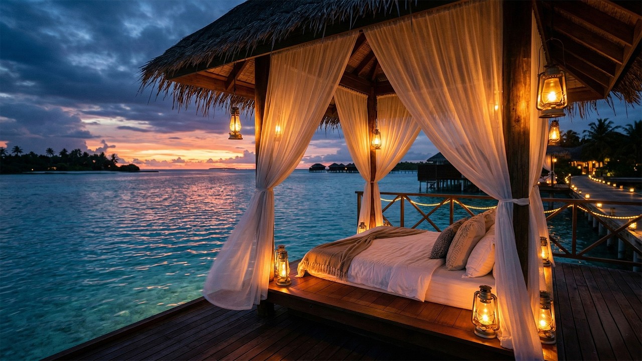 Deep Sleep Tropical Sunset: Gentle Waves & Warm Lantern Glow (10 Hours)