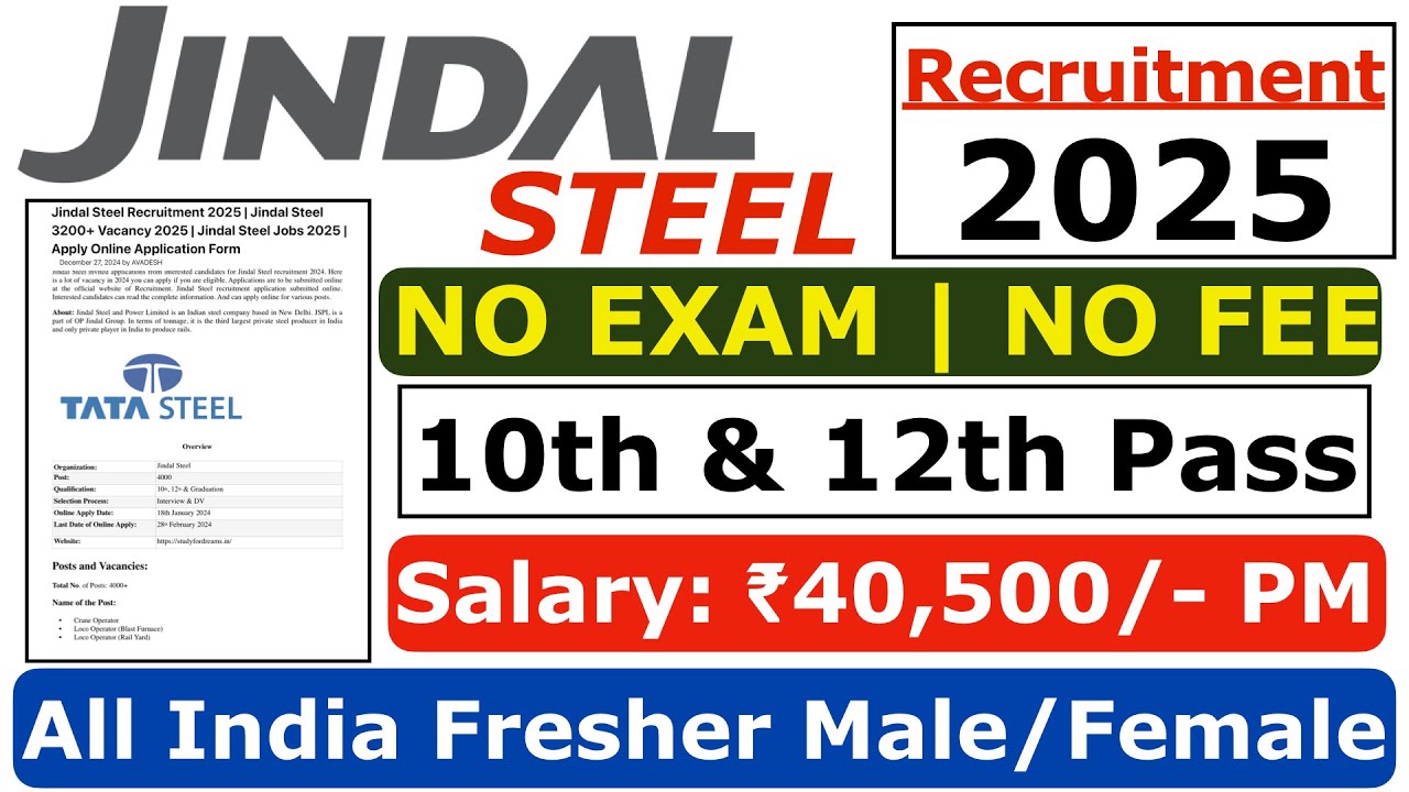 Jindal Steel Recruitment 2025 | Jindal Steel Fresher 10th Pass Jobs 2025 | Jindal Steel भर्ती 2025