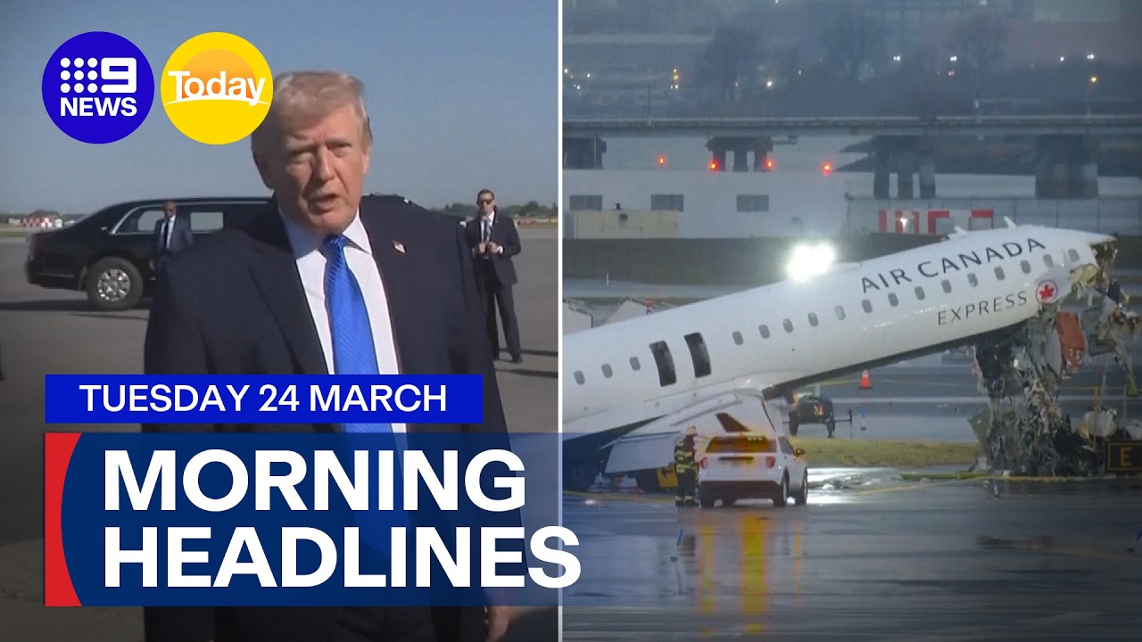 Shocking fatal airport runway plane crash; Trump delays strikes on Iran | 9 News Australia