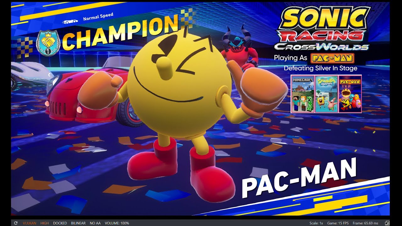 Sonic Racing CrossWorlds Playing as Pac-Man Defeating Silver in Stage Minecraft,SpongeBob,Pac-Man