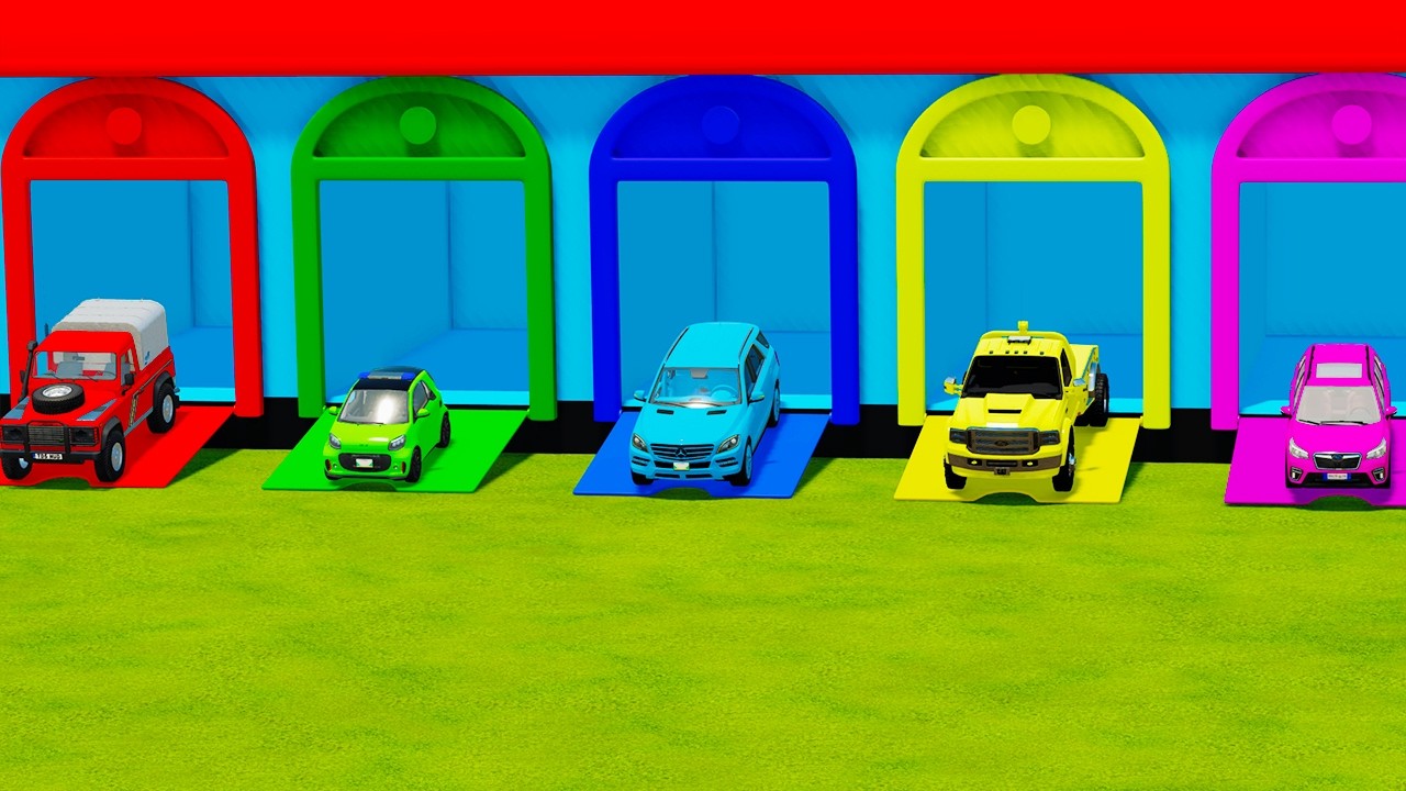 TRANSPORTING FIVE COLOR CAR SANTANA, SMART EQ, MERCEDES, FORD FLATBED, SUBARU - Farming Simulator 22