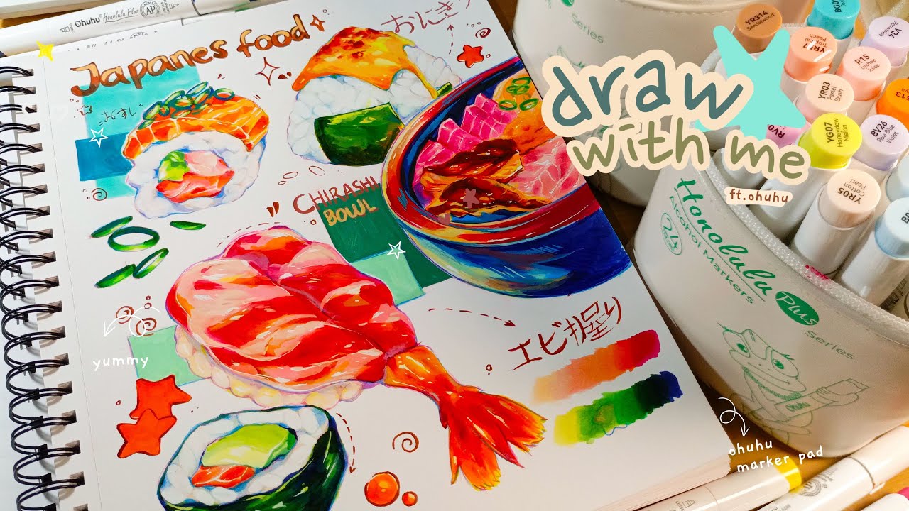 trying out alcohol markers, Japanese food illustration | using Ohuhu Honolulu Plus ˚｡⋆୨୧˚
