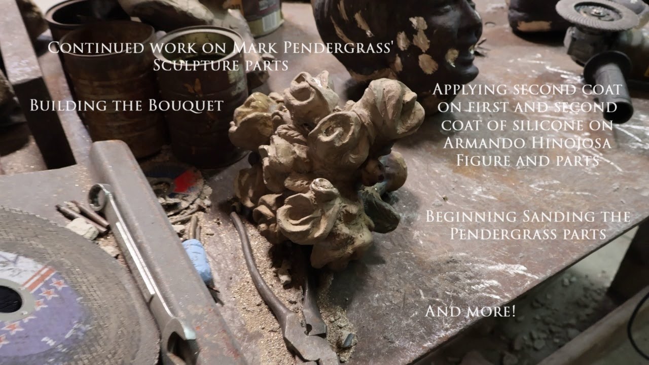 Feb. 14, 2024 - Cont. M. Pendergrass work, building bouquet, cont. molding on A. Hinojosa figures...