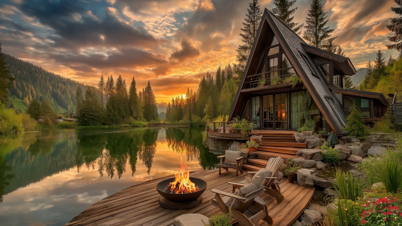 Spring Lakeside Firepit Ambience 🌸 Relaxing Nature Sounds, Birds & Peaceful Sunset Lake