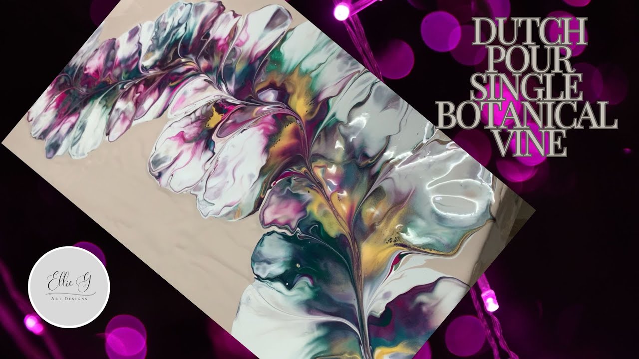 Beautiful Dutch pour painting in single botanical vine. Fluid Art, acrylic abstract modern art.