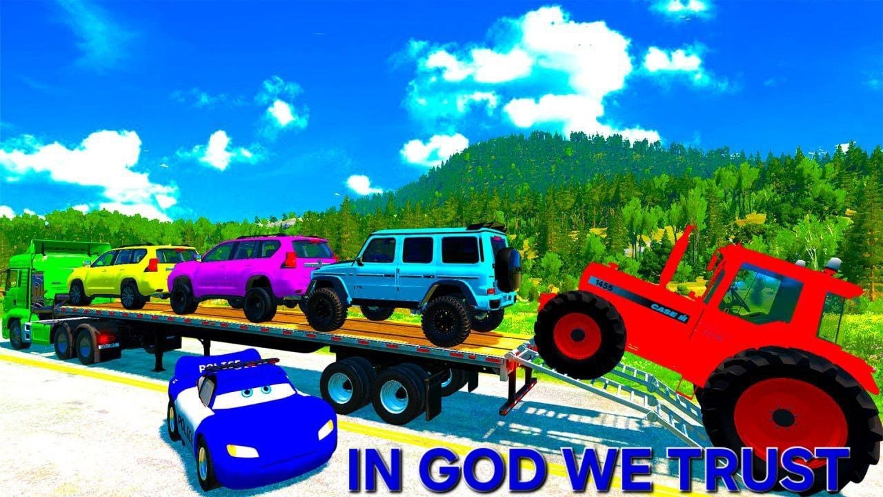 Four Trucks Transporting cars with Flatbed Trailers    Cars vs Speedbump vs Train vs Pothole #000