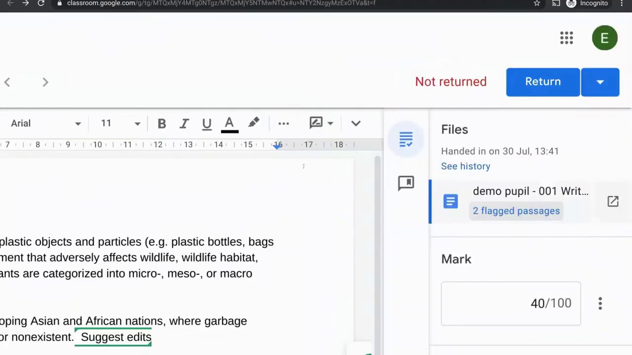 Giving feedback in Google Classroom