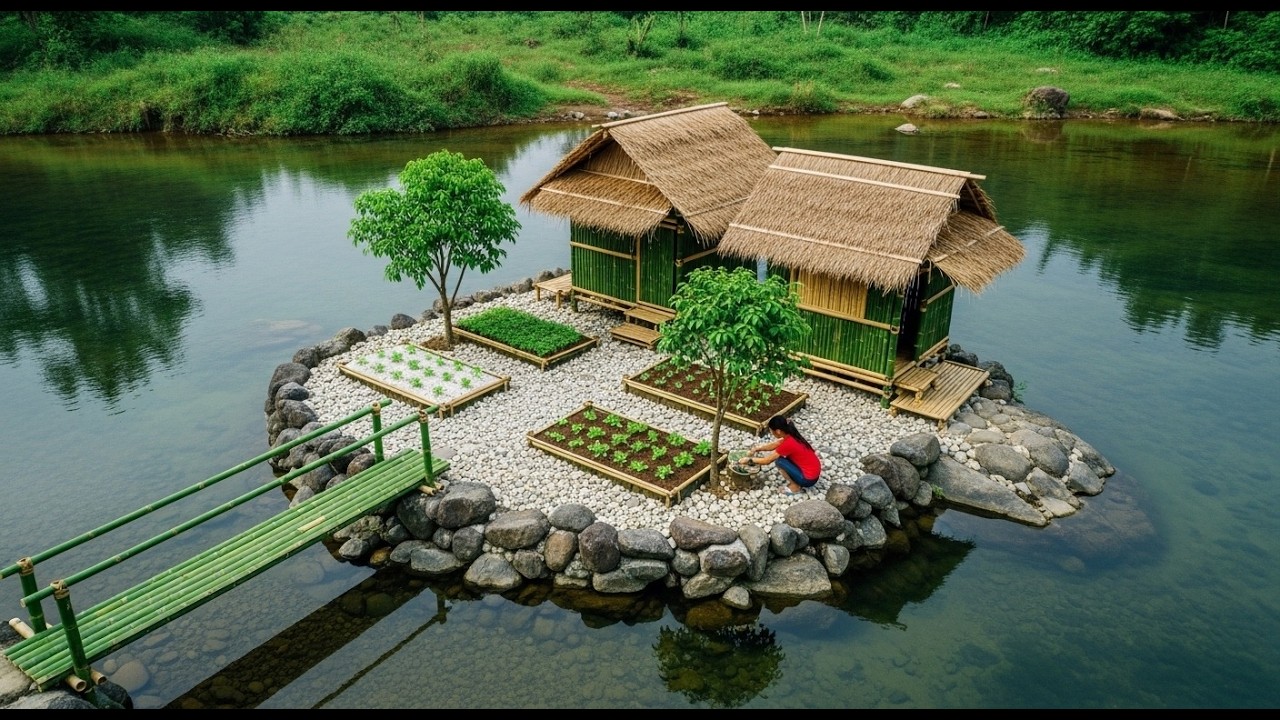 Timelapse -video: Young girl built bridge and house on rocky outcrop in the middle of large river.