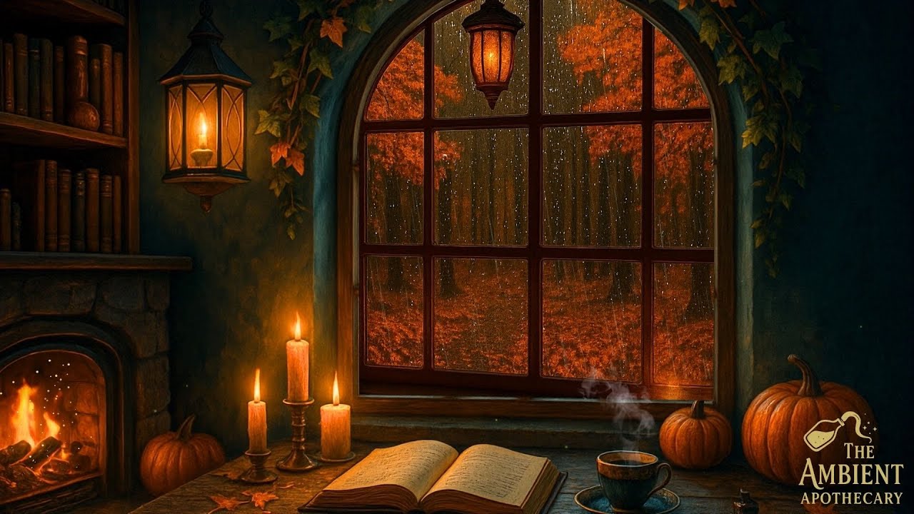 Cozy Rainy Dark Autumn Evening by the Window🍂 | Crackling Fireplace & Candlelit Ambience