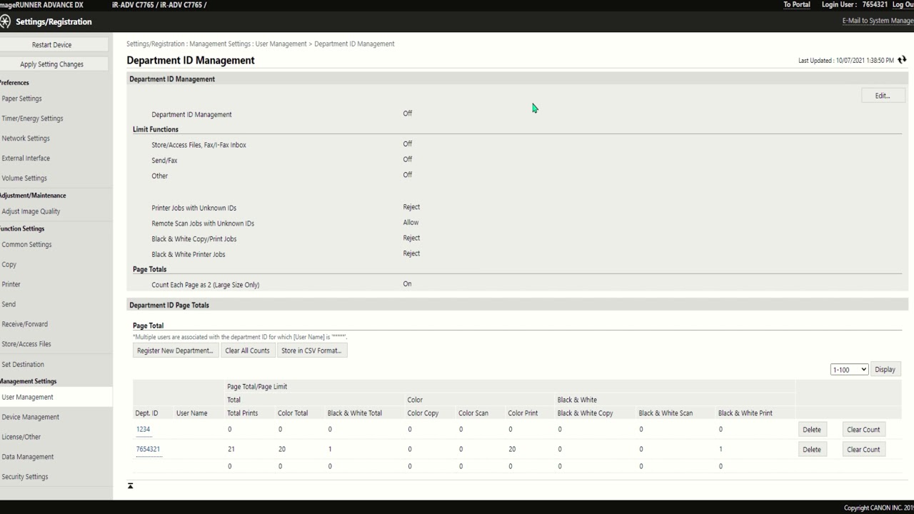 How to Enable Departent IDs on Your Canon imageRUNNER Machine from the Web Portal