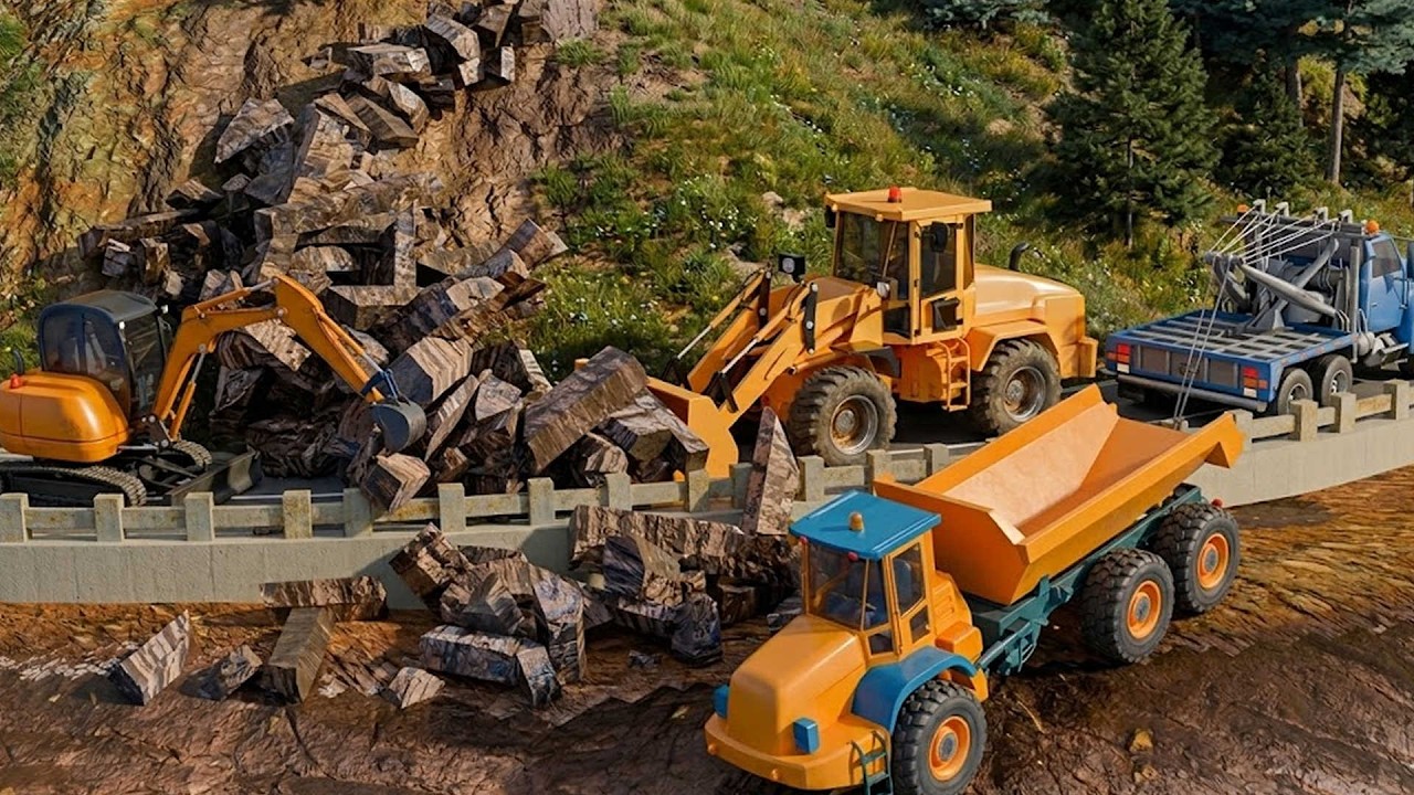 Mountain Landslide Rescue🚜🚧| Heavy Excavator Rock Clearing | Construction Vehicles Animation