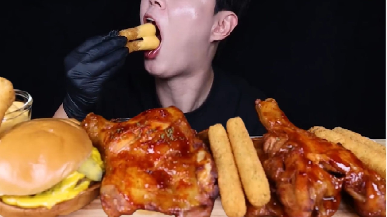 ASMR MUKBANG Spicy BBQ Chicken, Cheese Burger & Cheese Sticks