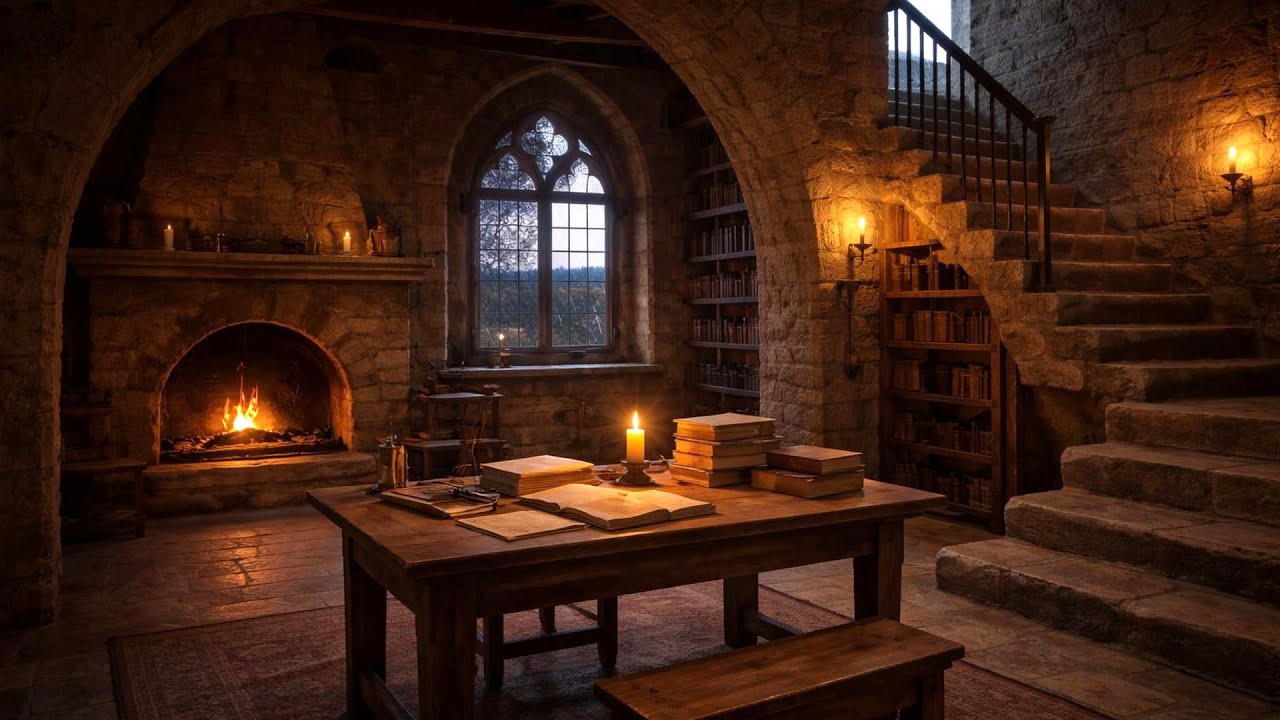 Study & Deep Focus – Rain Sounds (8hrs) | Ancient Monastery with Fireplace Ambience