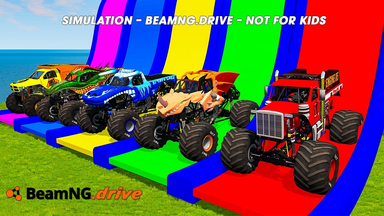 5 MONSTER TRUCKS  vs GIANT COLOR WATER SLIDE #048 - BeamNG.Drive
