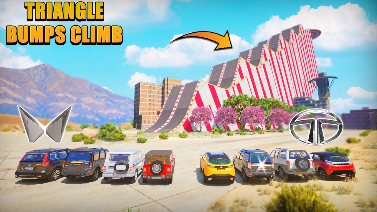 GTA 5 : Mahindra Cars VS Tata Cars | Triangle Speed Bumps Climbing Challenge