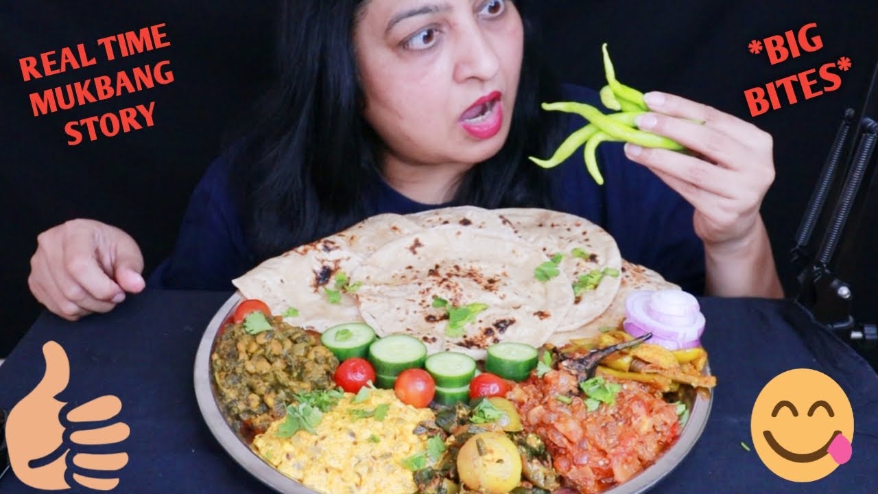 *REAL TIME MUKBANG STORY*HUGE SPICY THALI|BUTTER ROTI,BHINDI DO PYAZA,BAINGAN BHARTA,PANEER BHURJI
