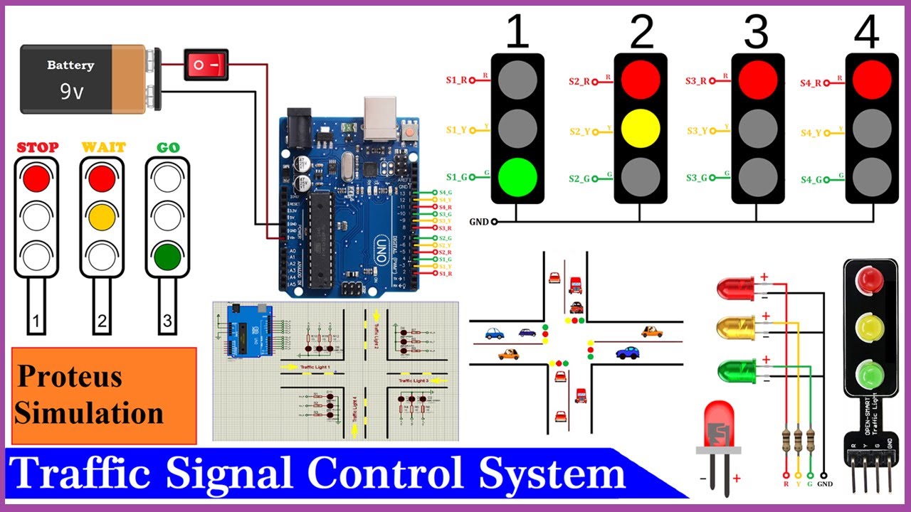 Система управления 4-сторонним светофором на базе Arduino — моделирование в Proteus