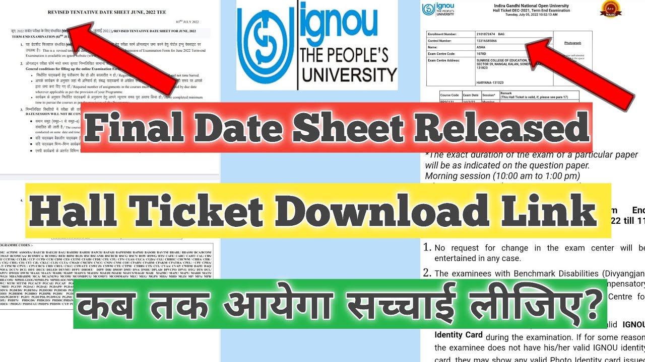 IGNOU Final Date Sheet June 2022 Exam, IGNOU Hall Ticket June 2022 Exam IGNOU hall ticket download