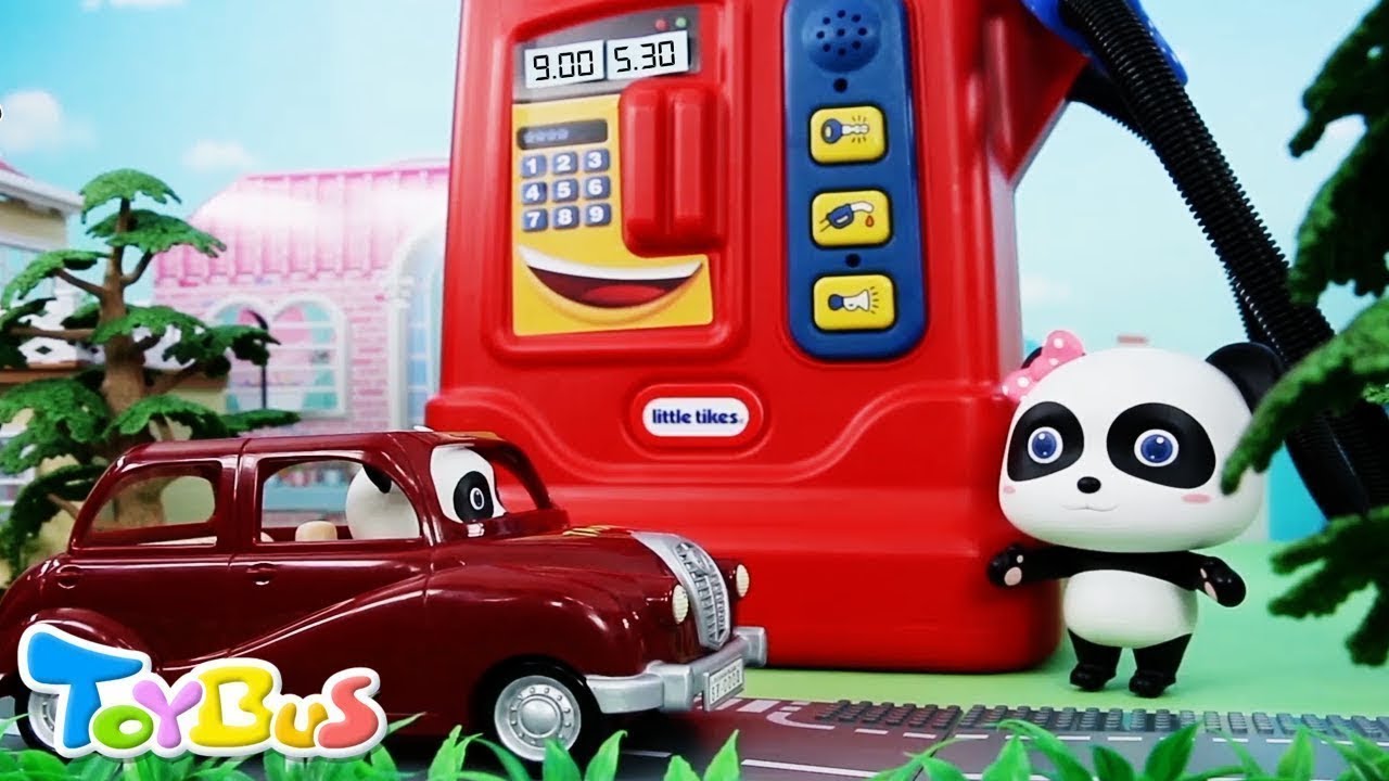 はたらくくるまのガソリンが切れた！ガソリンスタンド屋さんごっこで給油するよ❤トイバス（ToyBus) キッズ おもちゃアニメ
