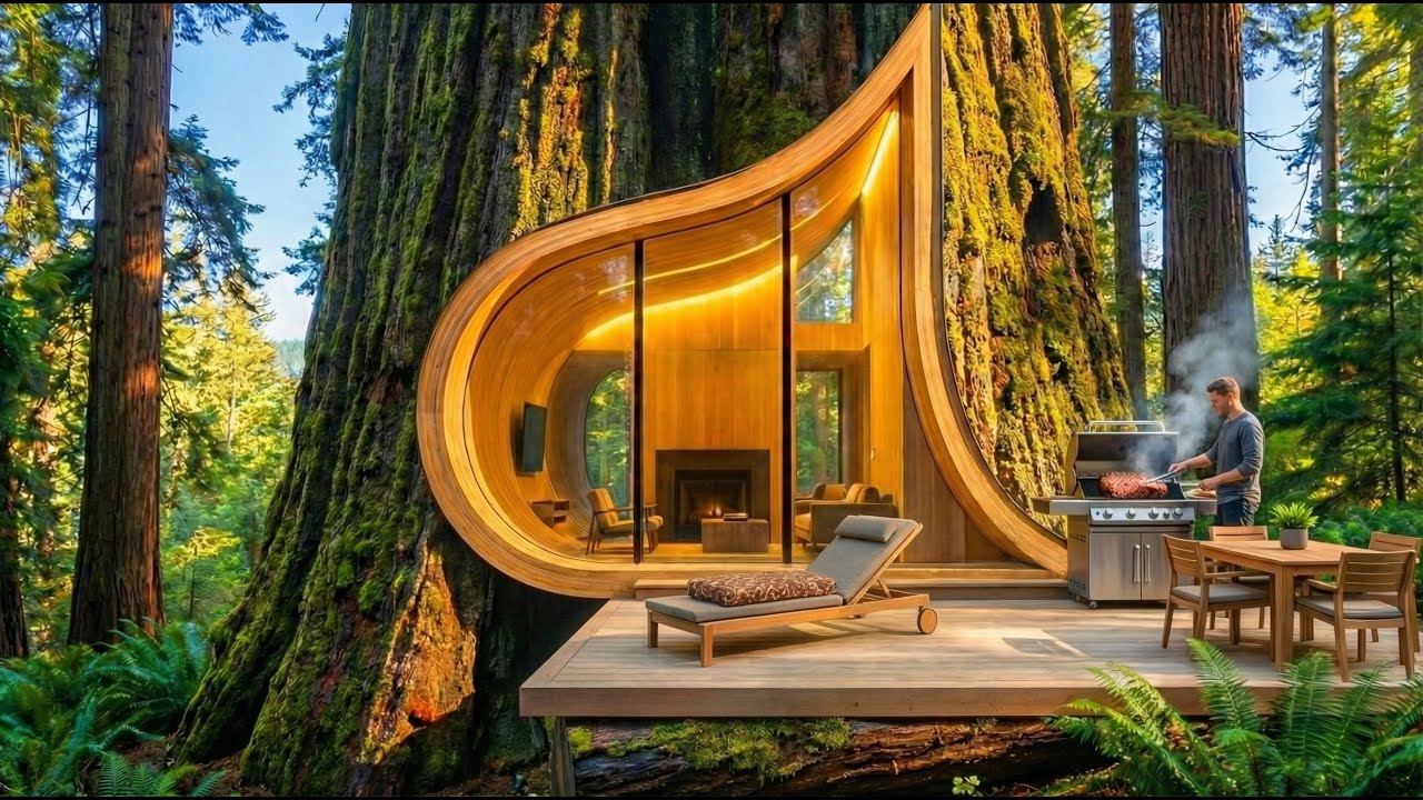 Building a house in the forest (ASMR) - This man built a tree house inside a giant tree trunk