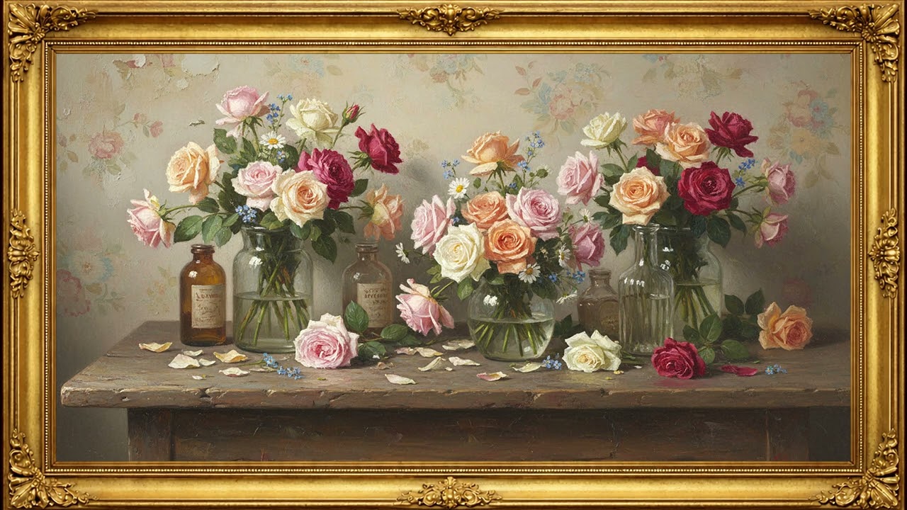 🌹 Vintage Rose Still Life | Romantic Oil Painting Art | 4K Framed TV Art Screensaver – 1 Hour
