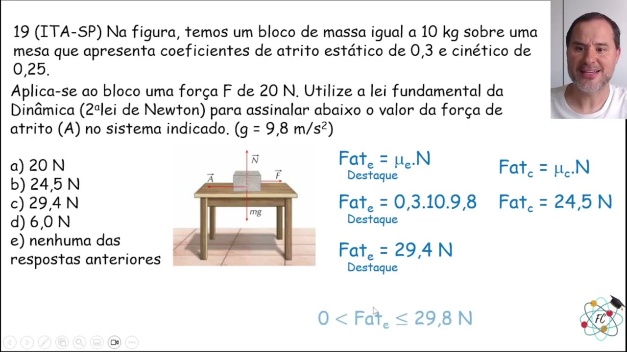 Dicas do Tio - ITA -  Na figura, temos um bloco de massa igual a 10 kg sobre uma mesa que apresenta