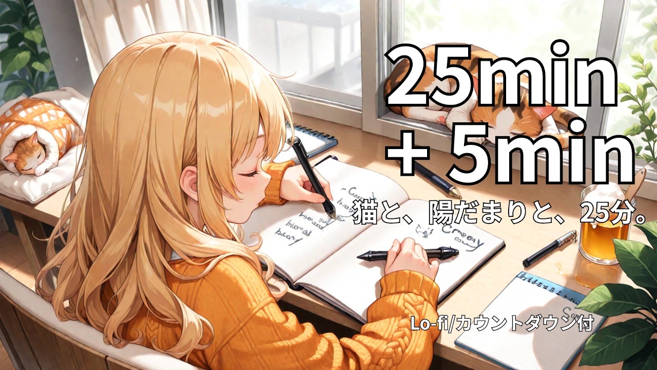【極上の癒やし】猫のゴロゴロ音と、陽だまりの25分。｜ポモドーロタイマー｜勉強・作業用BGM｜Cozy Sunroom Lo fi & Cat ASMR