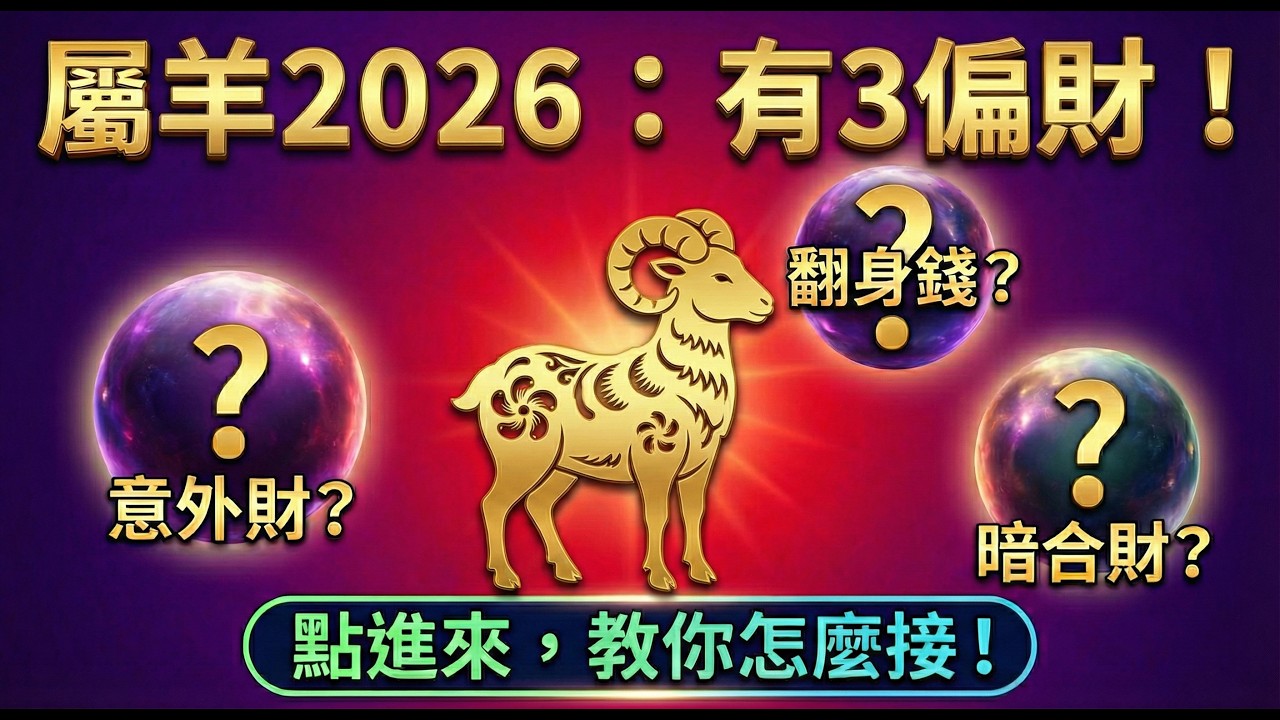 2026屬羊的人想發財？別再死守正財了！這「3種偏財」正盯著你，點進來看怎麼接！#2026生肖馬運勢 #屬羊2026運勢 #生肖羊 #偏財運 #發財 #屬羊 #風水 #橫財 #貴人 #改運 #丙午馬年