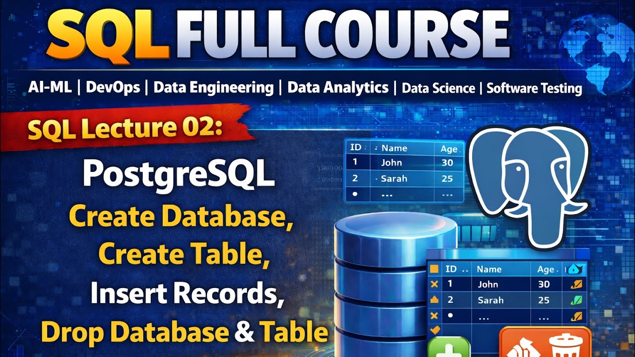 SQL Lecture 02: PostgreSQL Create Database, Create Table, Insert Records, Drop Database & Table