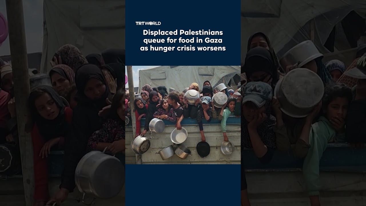 Displaced Palestinians queue for food in Gaza as hunger crisis worsens