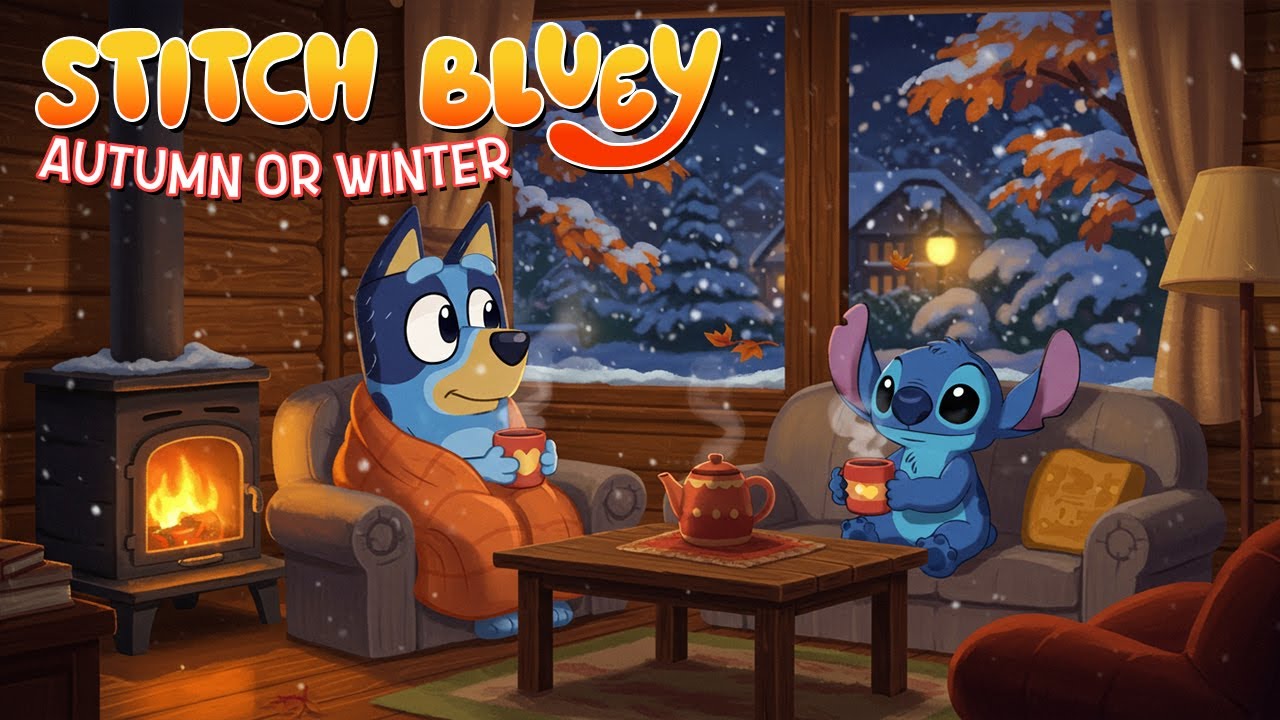 Stitch & Bluey Winter Cabin ❄️ Chill Autumn Lofi Music for Study, Work, & Warm Evenings Fireplace 🍂
