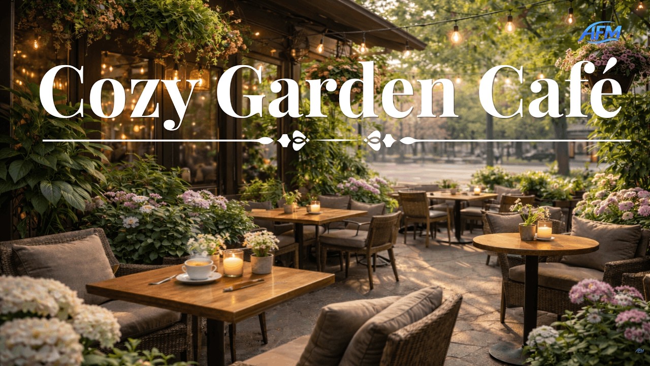 Cozy Garden Café Ambience | Soft Jazz & Warm Evening Lights